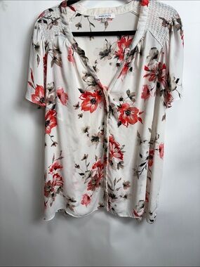 Rose & Olive Cream Blouse with Red Floral Print